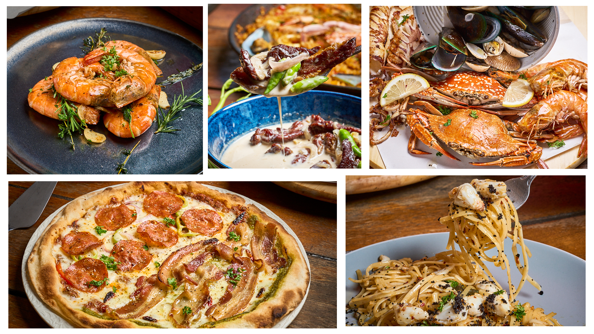 Signature dishes at Laciana By The Sea — king prawn rosemary, fresh seafood platter, wood-fired pizza and spaghetti, Hua Hin