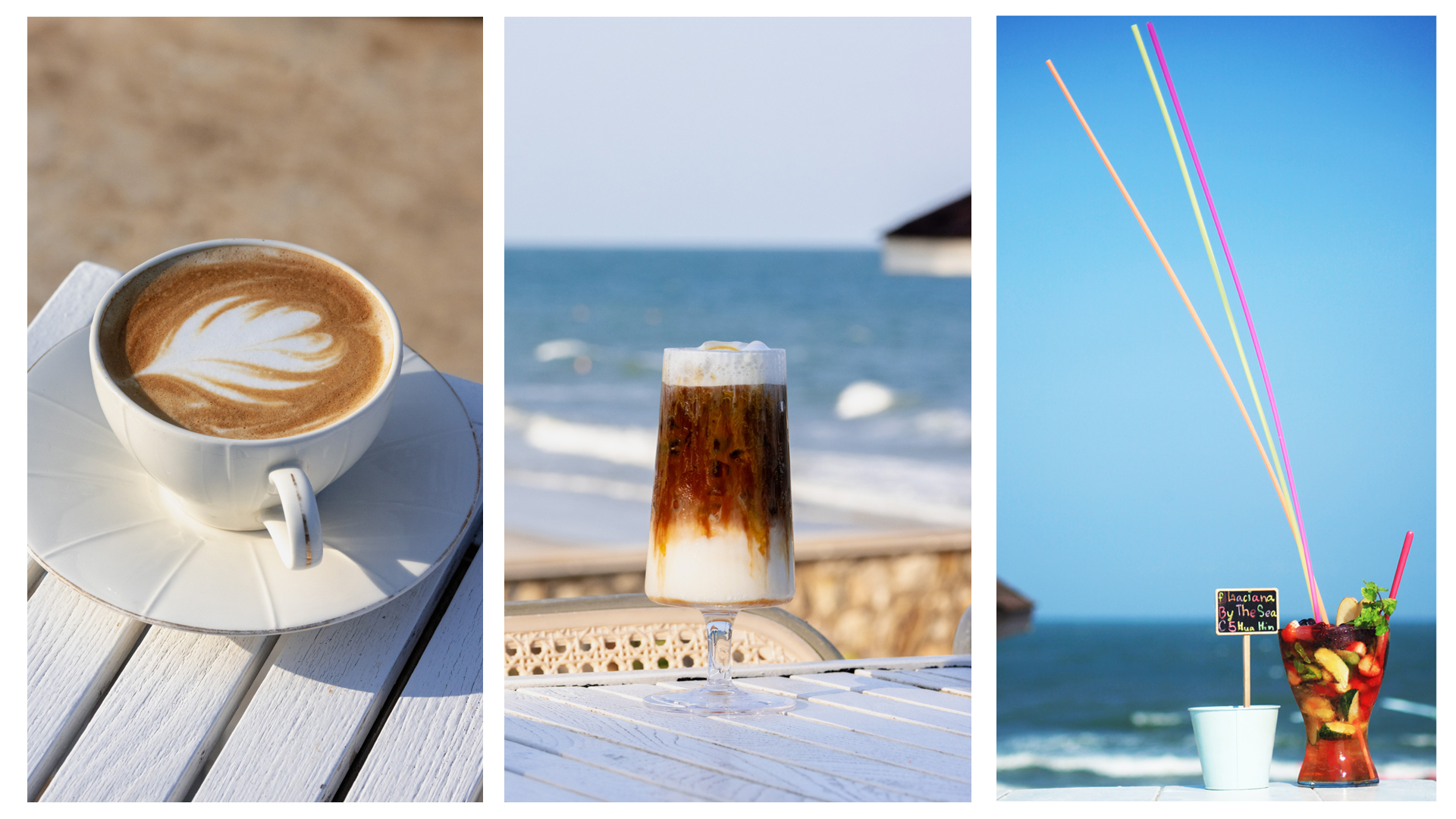 Coffee and cocktails at Laciana By The Sea — latte art, cold brew and fresh fruit drinks with beachfront sea view, Hua Hin